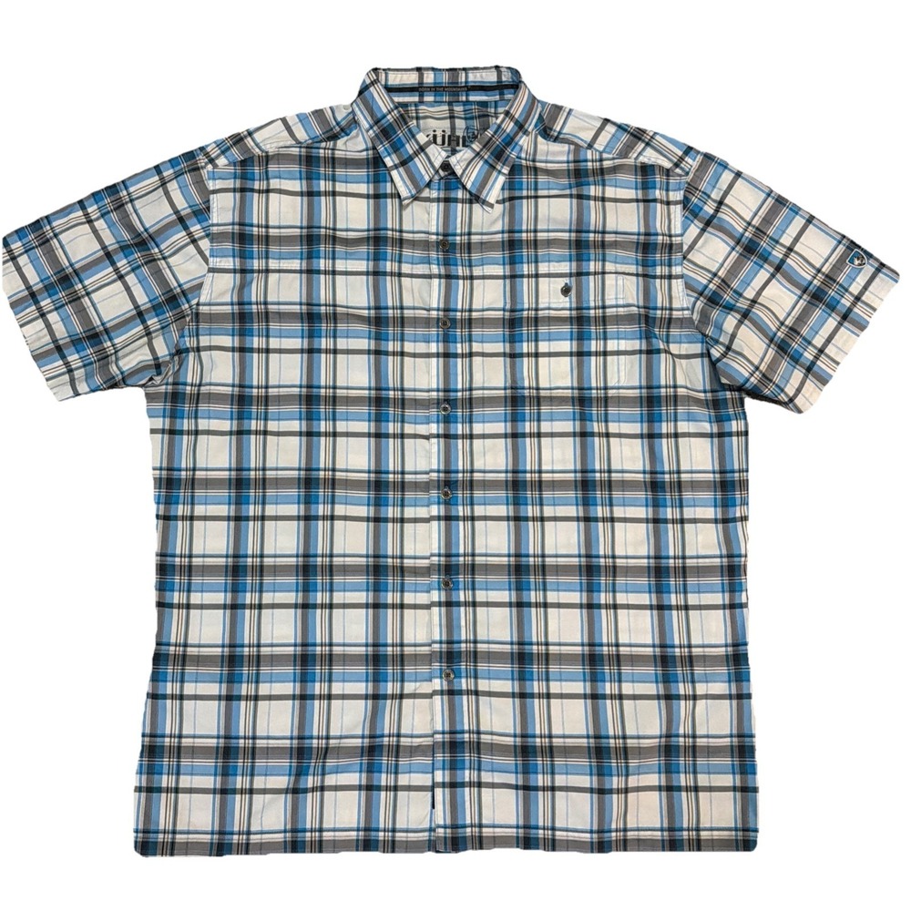 Kuhl Mens Plaid Blue White Polyester Short Sleeve Metal Button Up Shirt Size XL